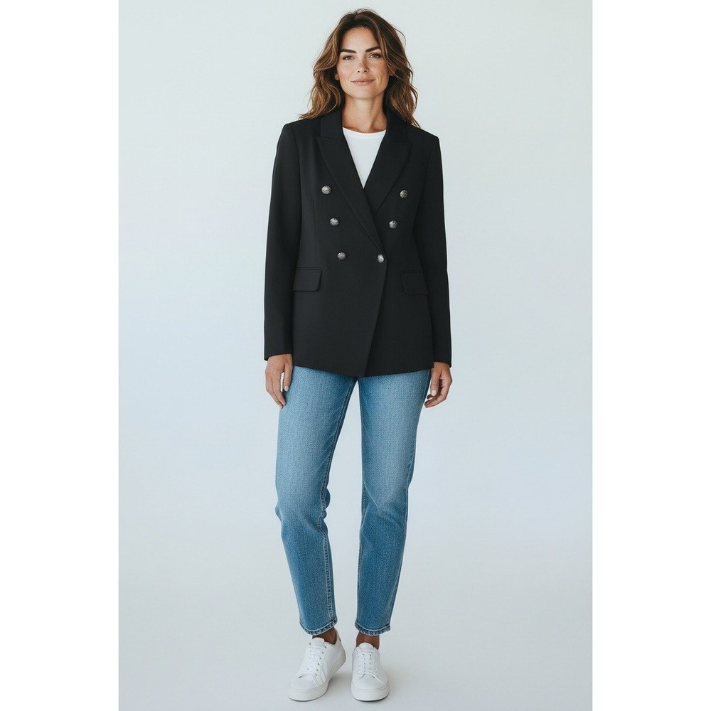 White House Black Market Blazer Womens 8 Black Cotton Stretch Double Breast